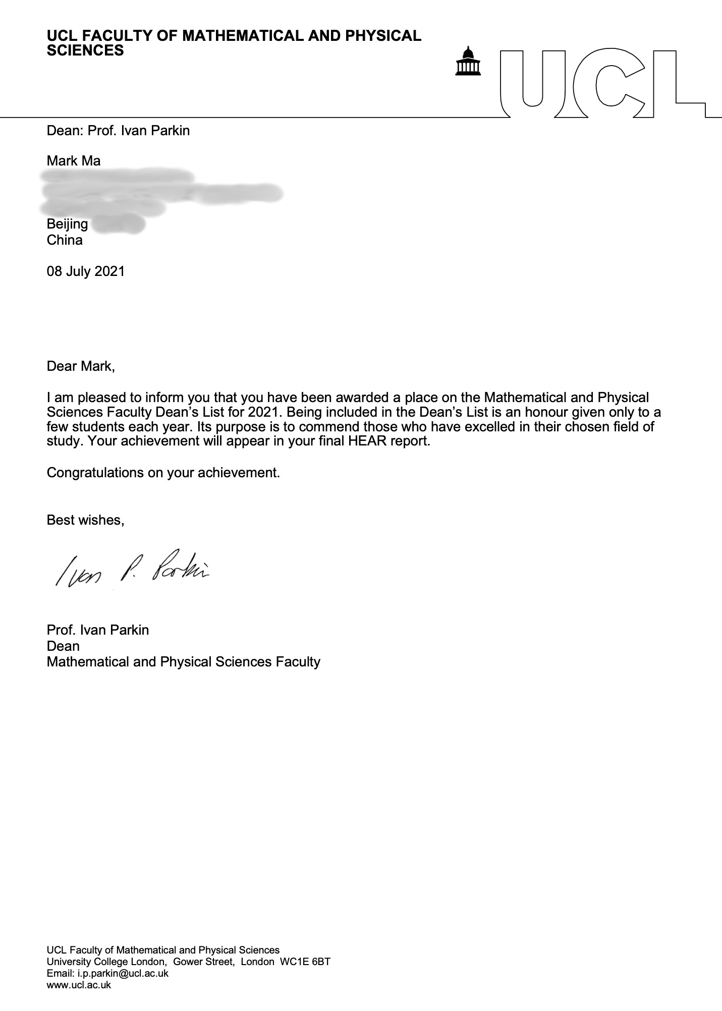 UCL Dean's List Certificate