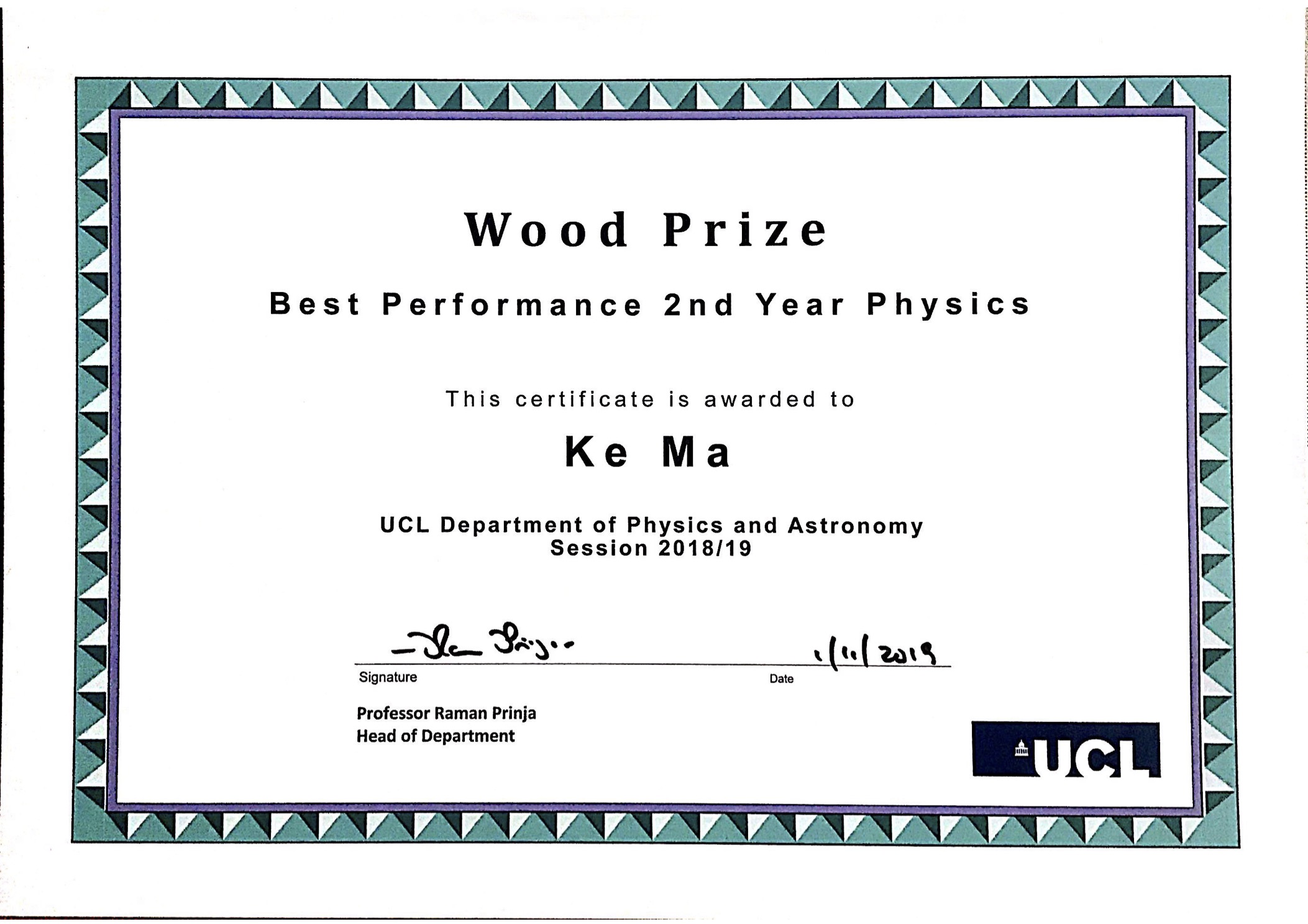 UCL Wood Prize Certificate
